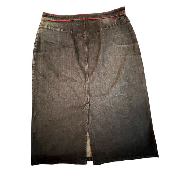 Vtg Tommy Hilfiger Denim Blue Jean Skirt Red Stitch Logo Stretch Pockets Midi - Picture 5 of 11